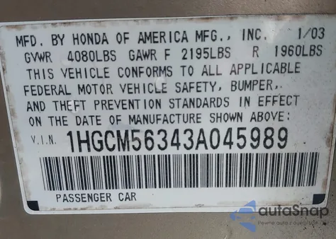 2003 Honda Accord 2.4 Lx из США, поврежденный, VIN 1HGCM56343A045989